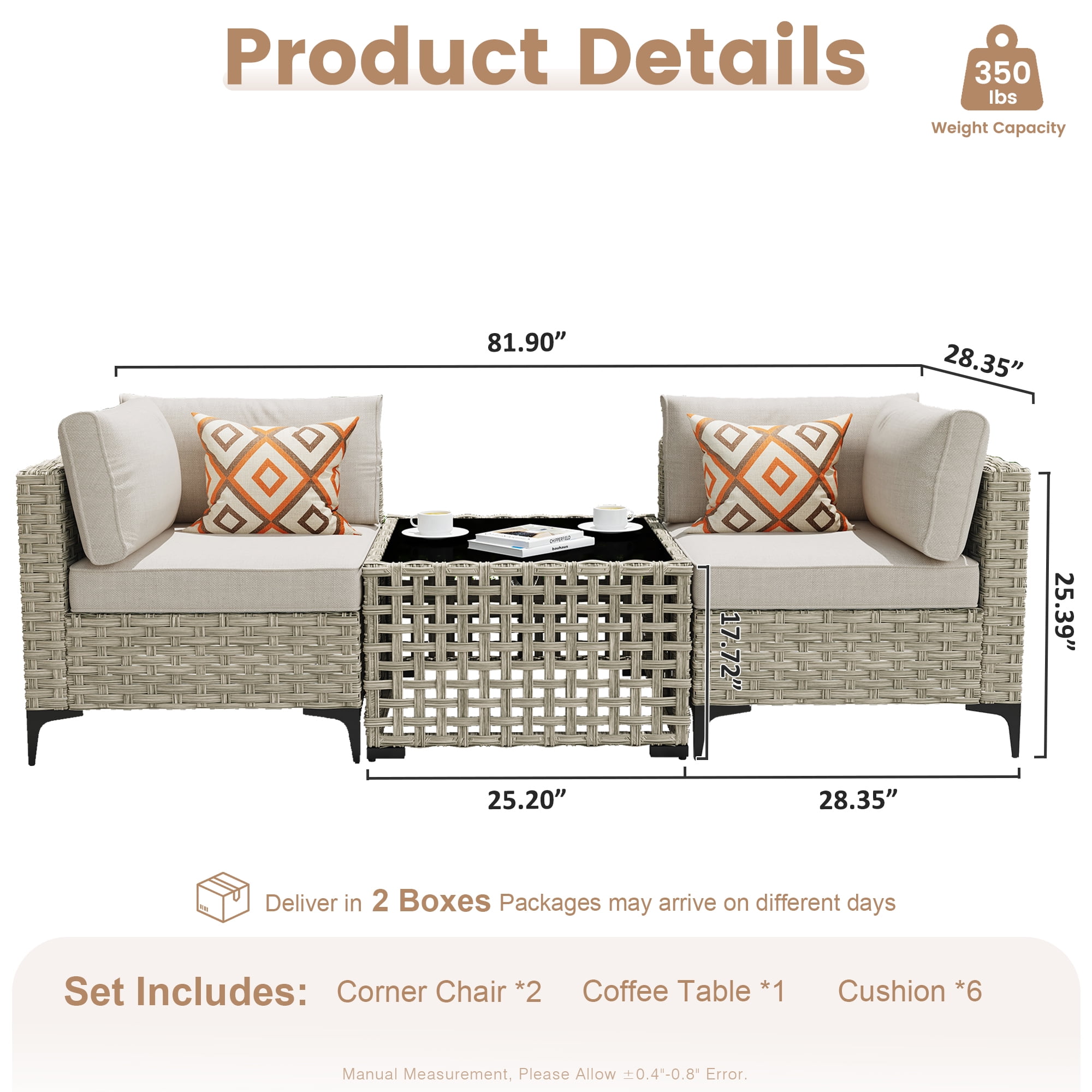 Ovios 3 Pieces Outdoor Patio Sectional Furniture Cushioned PE Rattan Wicker Chairs Conversation Set with Solar Lamps Coffee Table for Backyard