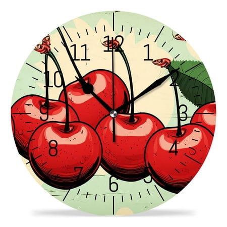 erolrail Rustic Wall Clock,Silent Non Ticking Wall Clocks for Living Room,Bedroom,Kitchen 12IN Red Cherries Leaves Wooden Design
