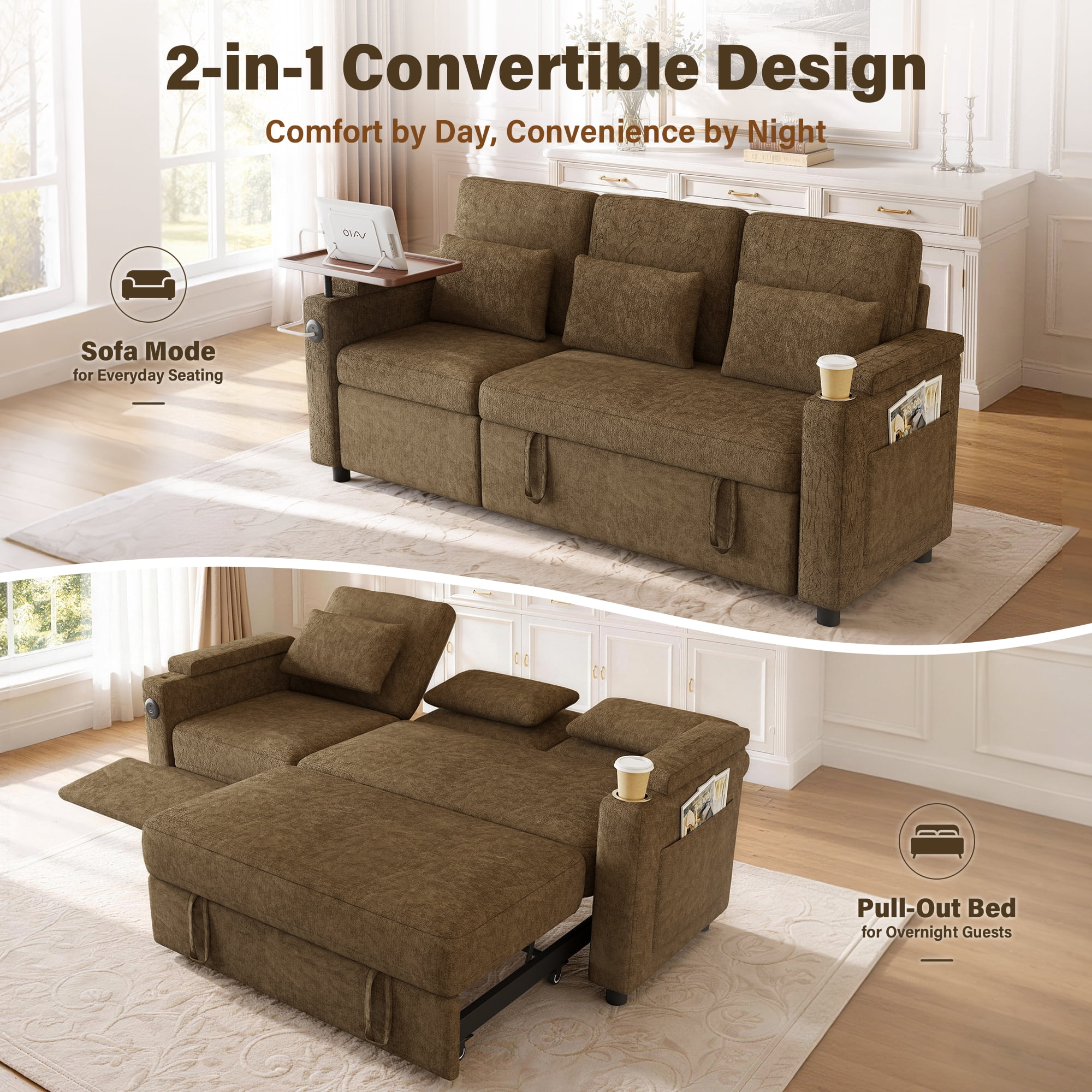 Aukfa 81" Convertible Sleeper Sofa,Chenille 3-in-1 Sofa Bed with Recliner,Center Table,USB Ports & Storage Armrests,Khaki