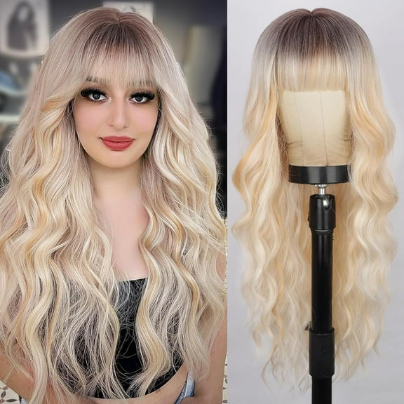Blonde Wig With Bangs Long Wavy Ombre Blonde Wig with Dark Root for Women Curly Synthetic Heat Resistant Fiber Wigs for Girls Daily Party Use 26 Inches