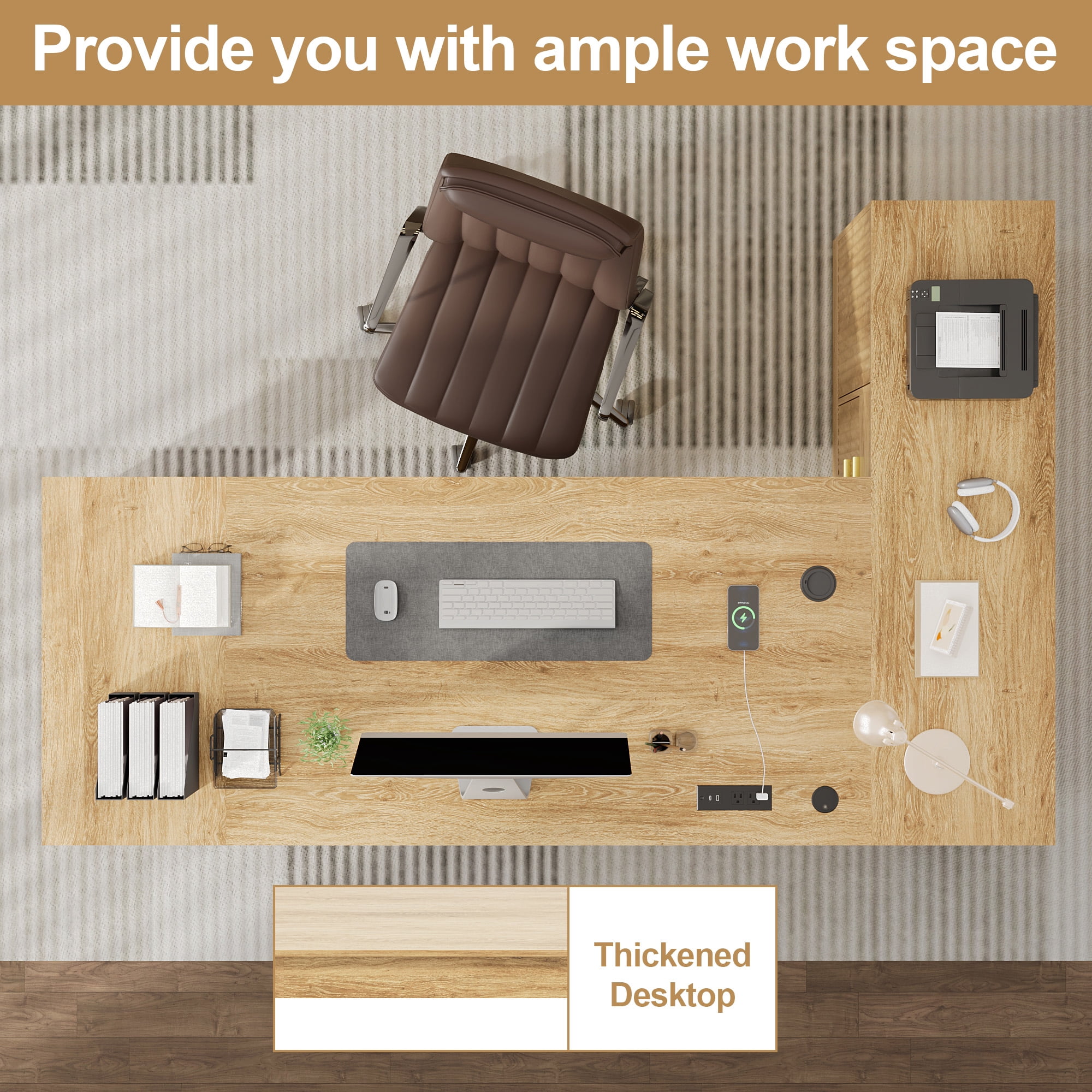 ANPOO 86" L-Shaped Executive Desk with Storage Drawers and File Cabinets, Large Office Desk with Power Outlets, Modern Computer Desk for Home Office/Study Room, Walnut