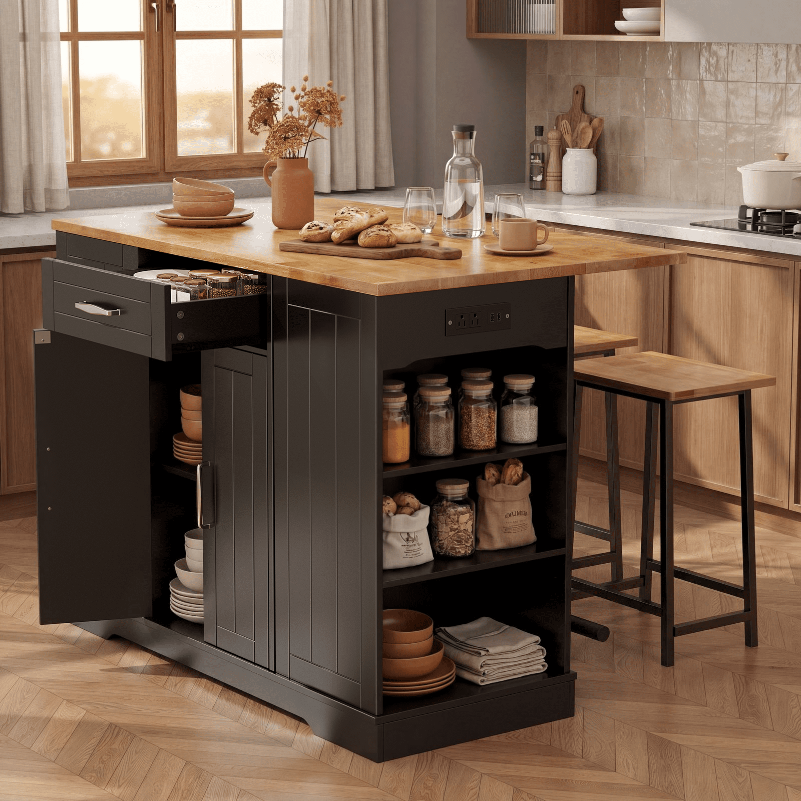 ROGALIS 47"Kitchen Island with 2 Chair, Stationary Island Table with Power Outlet, USB Ports, Spice Rack, Trash Cabinet, and Foldable Drop Leaf for Home Bar or Dining Room,Black