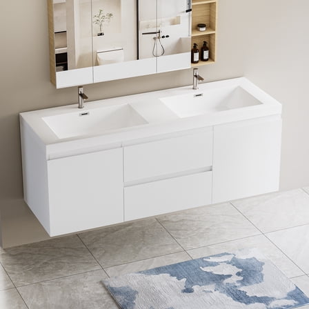 60" Floating Bathroom Vanity with Sink, Modern Wall-Mounted Bathroom Storage Vanity Cabinet with Double Resin Top Basin and Two Soft Close Drawers, Glossy White