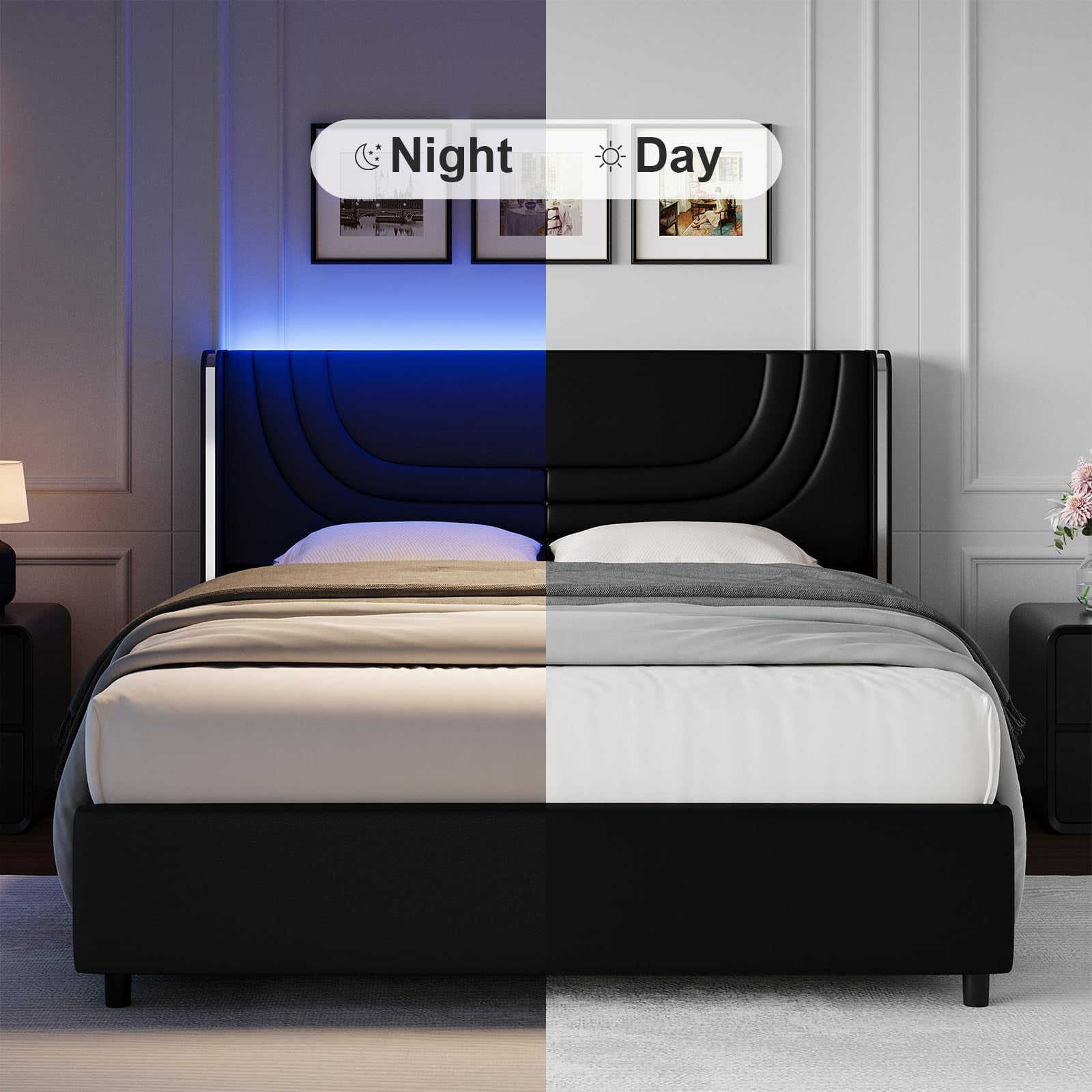 4 EVER WINNER Queen Size LED Bed Frame, Wingback Platform Bed with Upholstered Headboard, Black