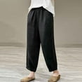 thumbnail image 2 of Besolor Women's Cropped Cotton Linen Pants Elastic Waist Casual Loose Lace Trim Tapered Capris Lounge Pants for Summer Black, 2 of 7