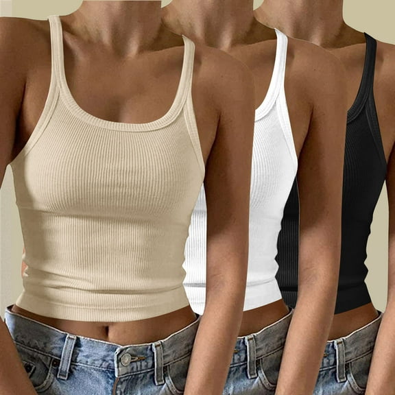 QUINDOS Ribbed Tank Tops for Women Summer Athletic 3 Pack Camisoles for Women Sleeveless Multi Pack Crew Neck Sports Spaghetti Strap Cami Shirts Solid Color Slim Fitted Undershirts