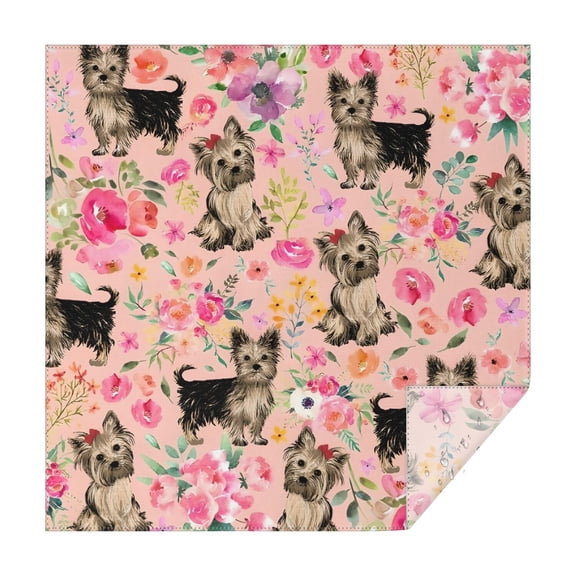 Yorkie Dog and Flower Florals Square Tablecloth,Waterproof Square Table Cover,Wipeable Spillproof Washable Table Cover for Home Kitchen Party Decor 42"X42"(107x107cm)