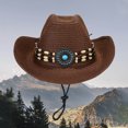 thumbnail image 2 of XINPING Women's Western Straw Cowboy Sun Hat, Wide Brim UV Protection Beach Vacation Hat with Beaded Band and Adjustable Chin Strap for Outdoor Activities, 2 of 4