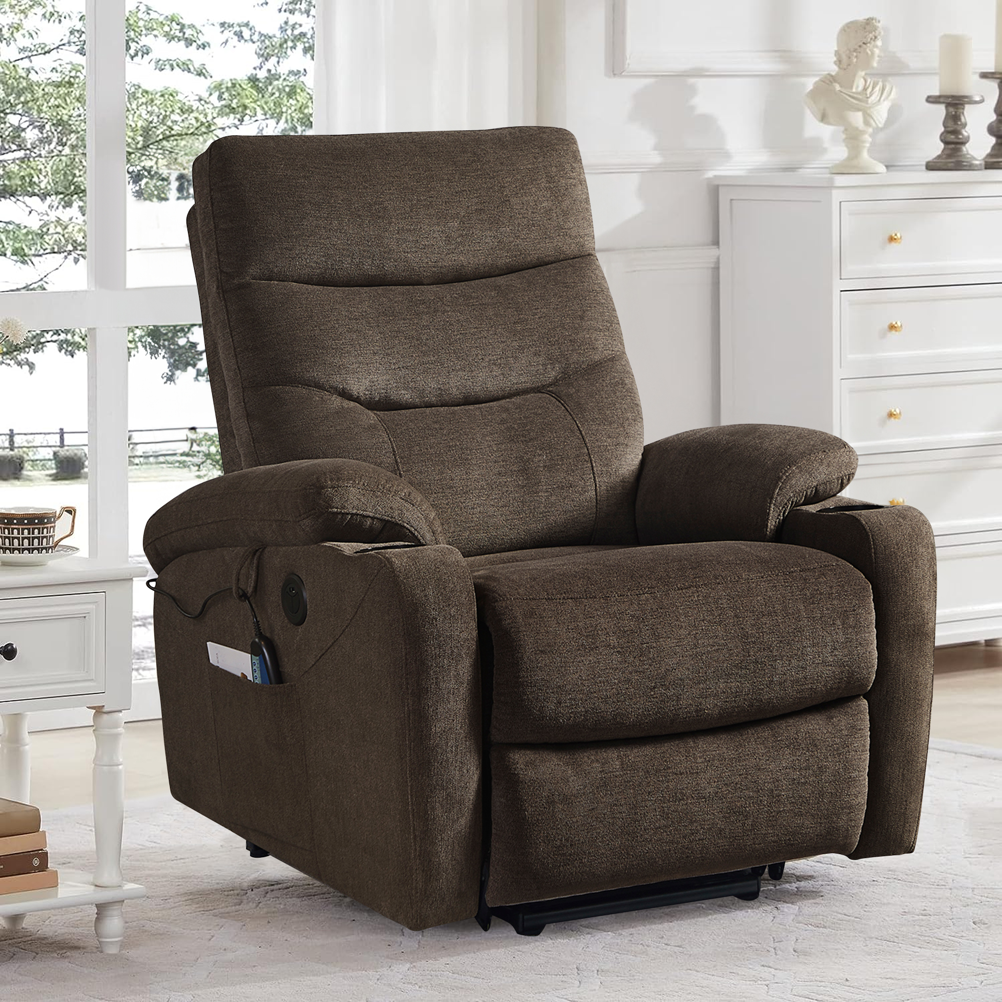 Aukfa Electric Power Lift Recliner Chair with Massage and Heat, USB Ports, 2 Side Pockets, Cup Holders for Elderly, Dark Brown