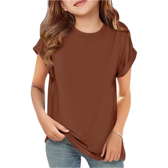 Abcomgle Girls Tshirts 6-7 Years Old Crewneck Curve Hem Girls Shirts Short Sleeve Tshirt Summer Soft Cotton Tops,Brown,9-10Years