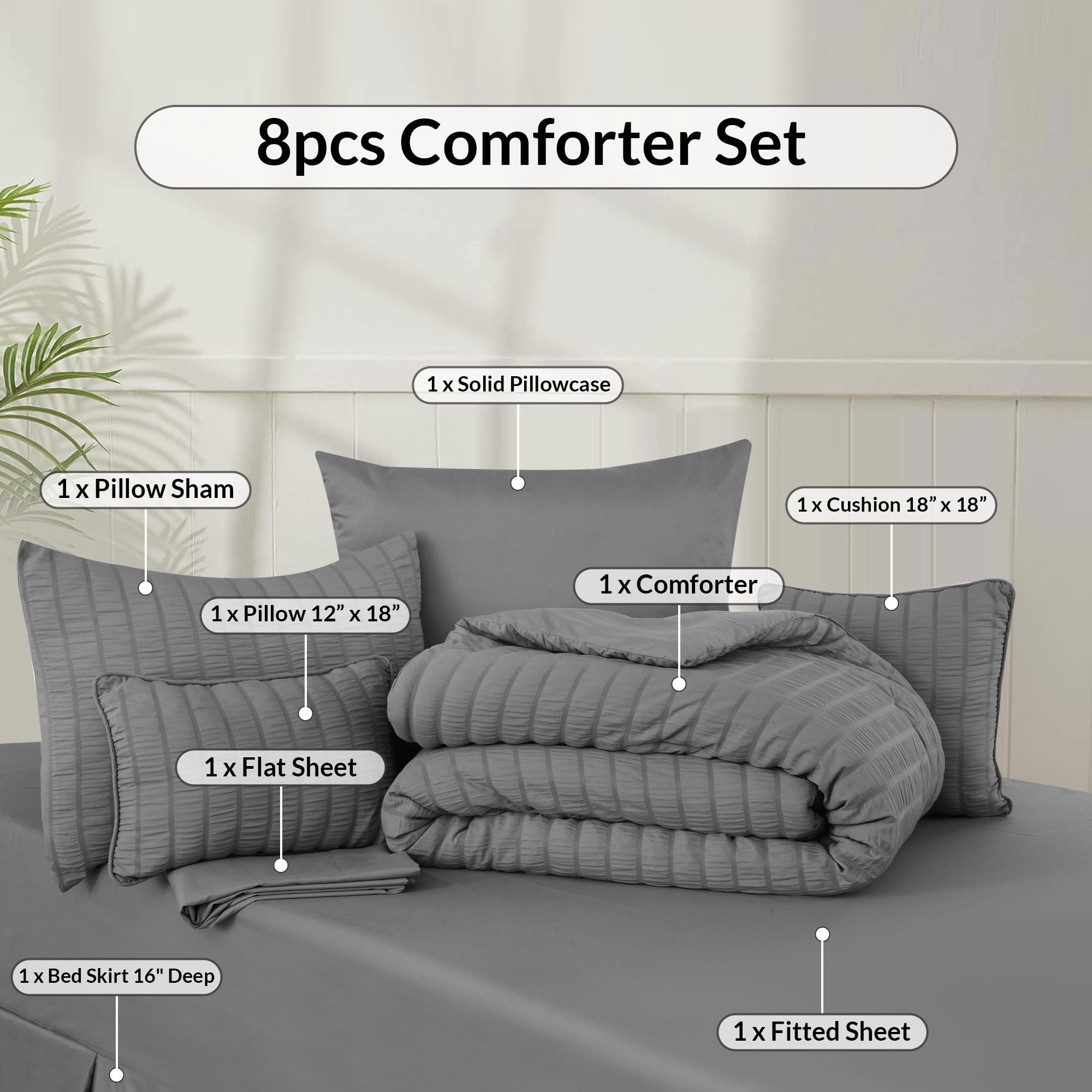 Lux Decor Collection 8 Piece Comforter Set Twin Size - All Season Bedding Comforter Set Twin, Grey