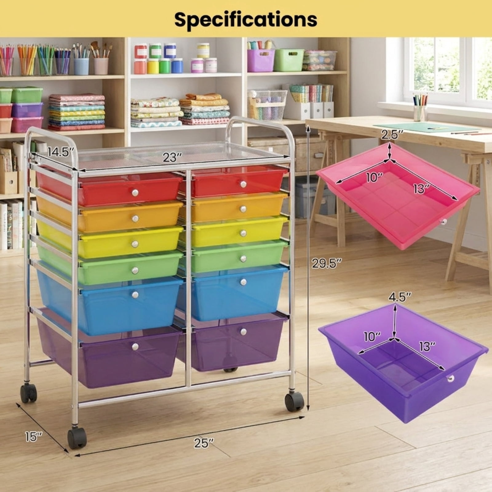 Furnibear 12 Drawers Rolling Cart Storage Scrapbook Paper Organizer Bins Multi for Home Office Craft Room Classroom, Transparent Multicolor