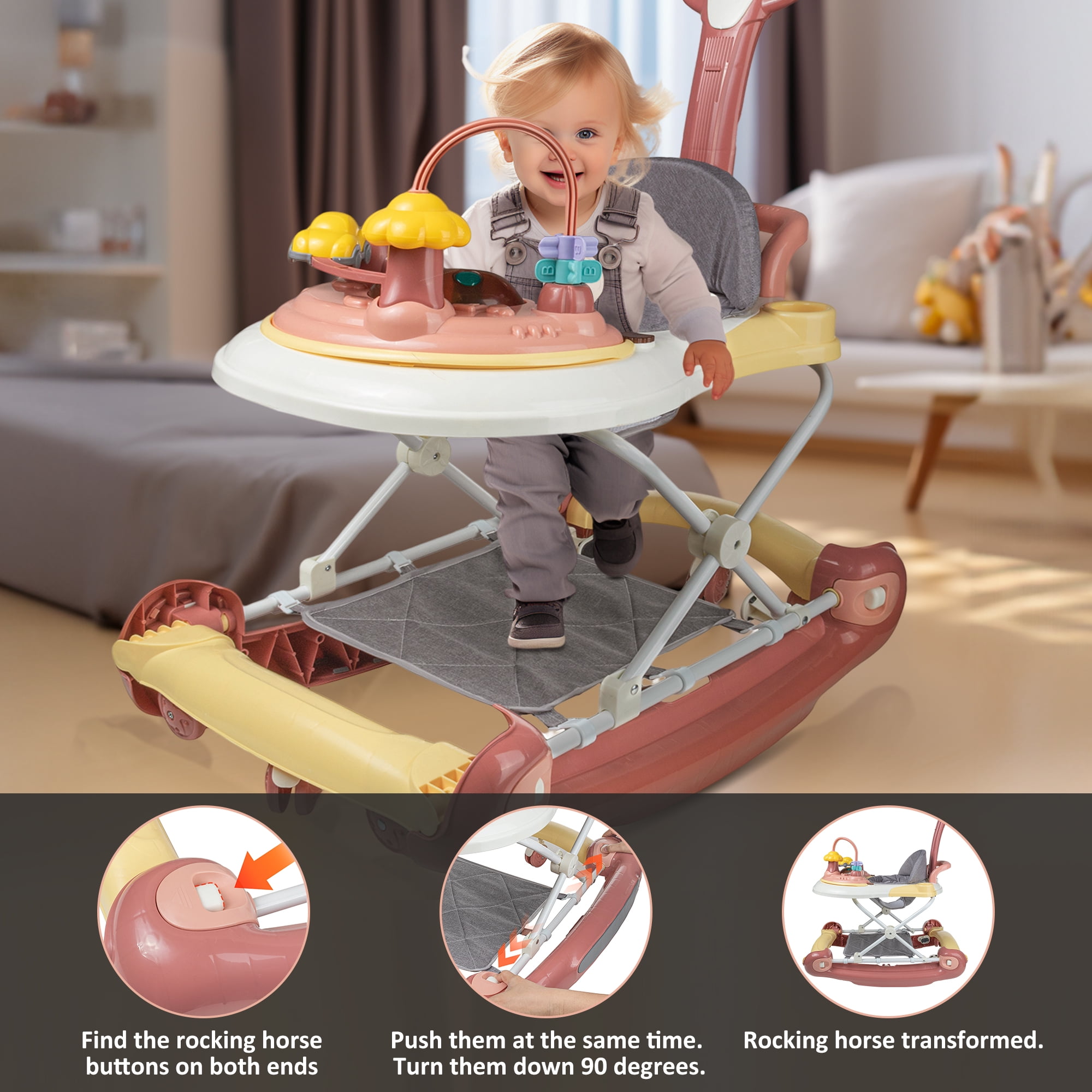 HAOUUCYIN 4-in-1 Baby Walker, Music Activity Push Walker with Wheel, Foldable and Height Adjustable, Pink