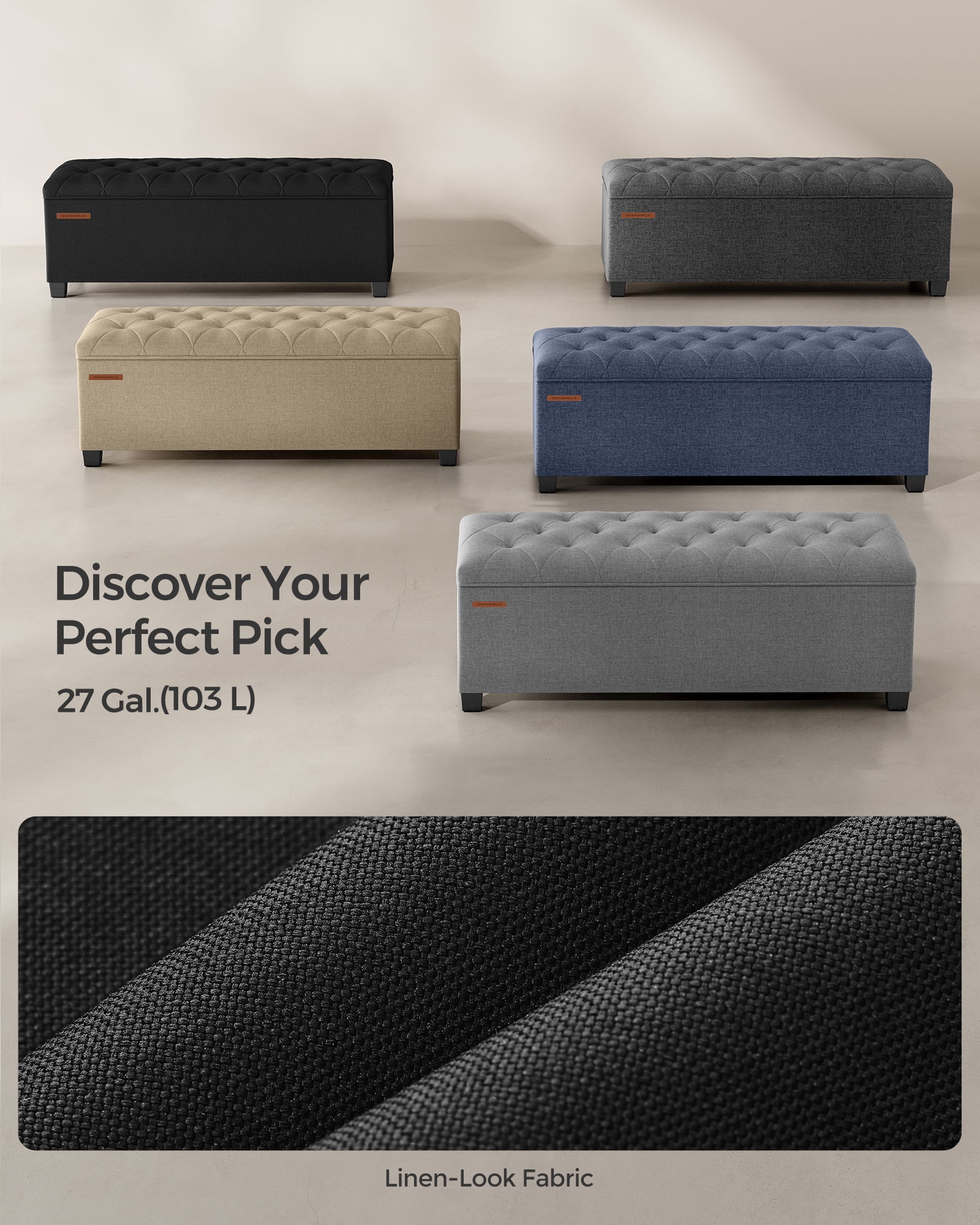 SONGMICS 43.3" Storage Ottoman Bench, Foot Rest with Legs, Ottoman with Storage, Rectangle End of Bed Bench, Storage Chest, Load up to 660 lb, Study