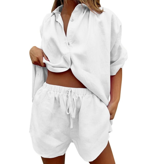 Ketyyh-chn99 Ensembles d'Entraînement pour Femmes Shorts en Lin Hauts pour Femmes Mode Uni Manches Courtes Col Rond Pantalon à Cordon Chemises Ensembles Blanc,P