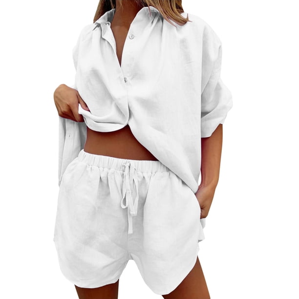Conjunto de chándal de 2 piezas para mujer: blusa holgada con botones y pantalones cortos elásticos de cintura alta - Poliéster, color liso, ropa informal/de estar por casa, conjuntos de verano
