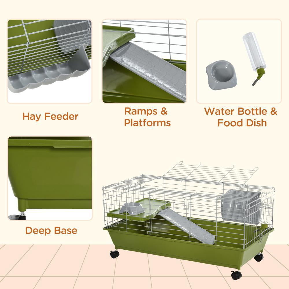 Small Animal Cage with Wheels, 35in Rolling Bunny Cage for Rabbit, Guinea Pig, Chinchilla, Indoor Pet Habitat with Ramp, Platform, Feeder, Water Bottle & Deep Base Tray, Green Small Animal Playpen