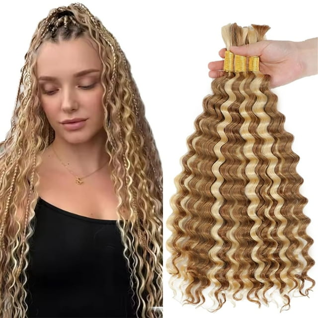 28 28 28 Inch P27613 Boho Human Hair Deep Wave Bulk Blonde Boho Braiding Hair Deep Curly 613 Boho Human Hair for Braiding Extensions