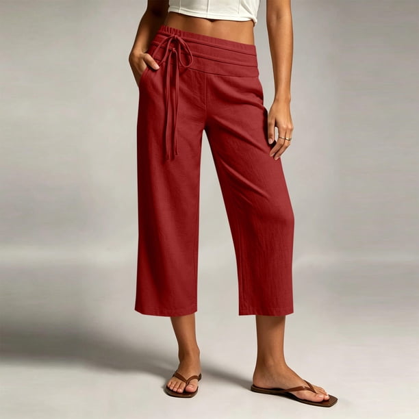 Neewe Pull On Capri Pants for Women Fashion Plain with Pockets Elastic Drawstring Waist Daily Outfits