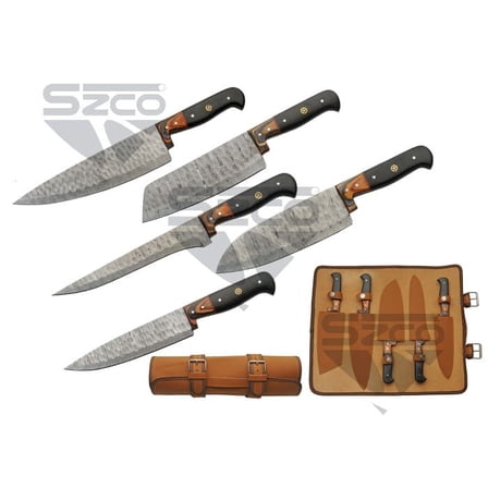 SANZ 5-Piece Kitchen Knife Set, Hammered Damascus Steel Blades with Wood Handles, Full Tang Design, Professional Food Preparation Set