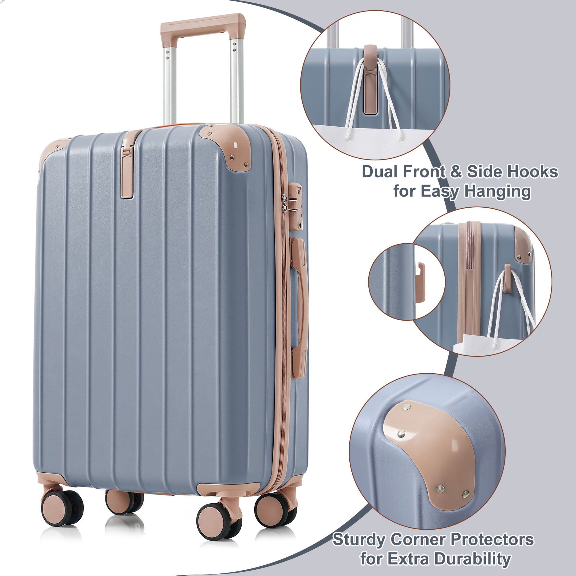 Euroco 3 Piece Luggage Sets, Lightweight Durable Hardshell Suitcase set with 360° Spinner Wheels,TSA Lock & Side Hooks,Large Checked Travel Suitcase for Family,Light Blue