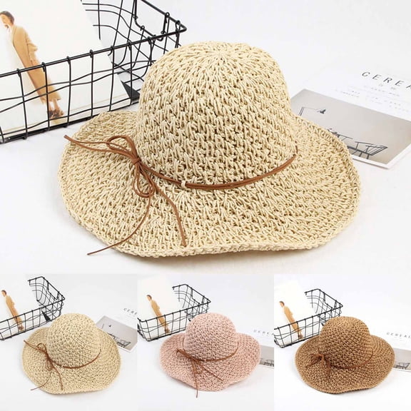Cutuoiiu Hats for Women Summer Daily Accessory Solid Color Knit Straw‑Textured Sun Hat Wide Brim Bow Decor Hat for Vacation Party Outdoor