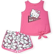 Hello Kitty Girls 2-Piece Fashion Tee Shirt and Active Short Set with Tie Front Top and Fashion Dolphin Shorts Summer Clothes