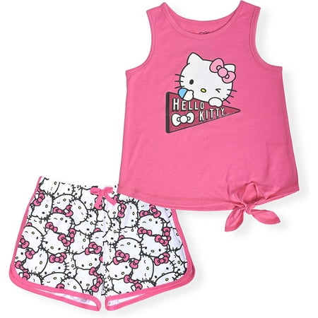 Hello Kitty Girls 2-Piece Fashion Tee Shirt and Active Short Set with Tie Front Top and Fashion Dolphin Shorts Summer Clothes
