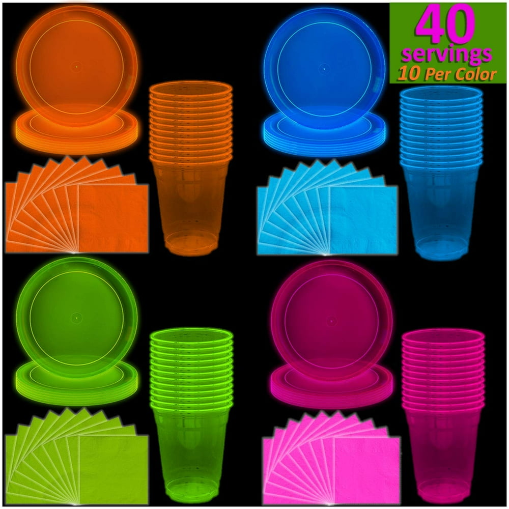 Neon Plates (9"), Cups (12 oz) & Napkins 40 Servings, 4 colors