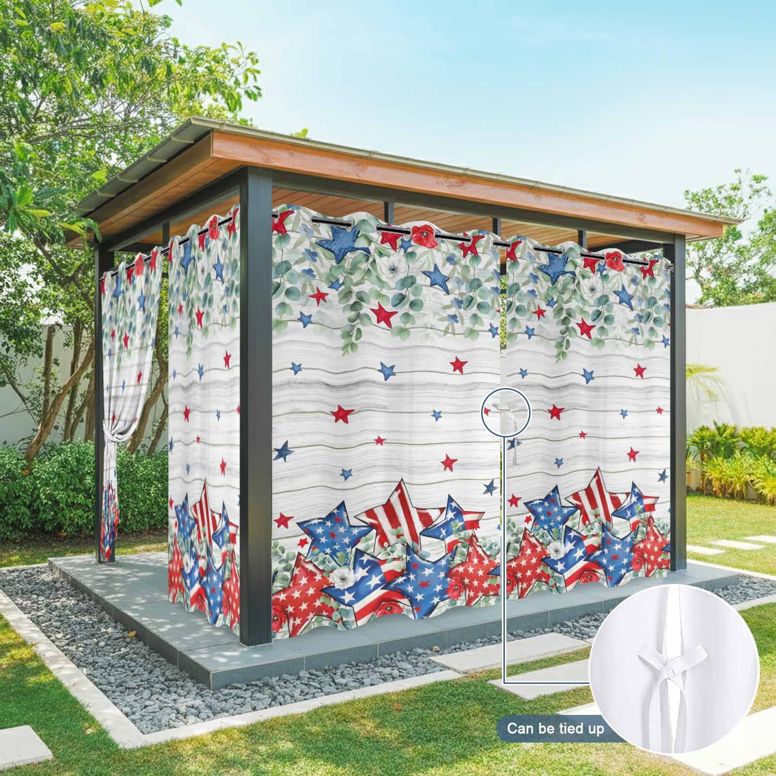 Independence Day Star Outdoor Curtains for Patio, Farm Red Blue White Star Green Leaf Flower Wood Grain Sunshade Privacy Drapes Grommet Waterproof Outside Curtains for Porch Balcony 54"x108", 1 Panel
