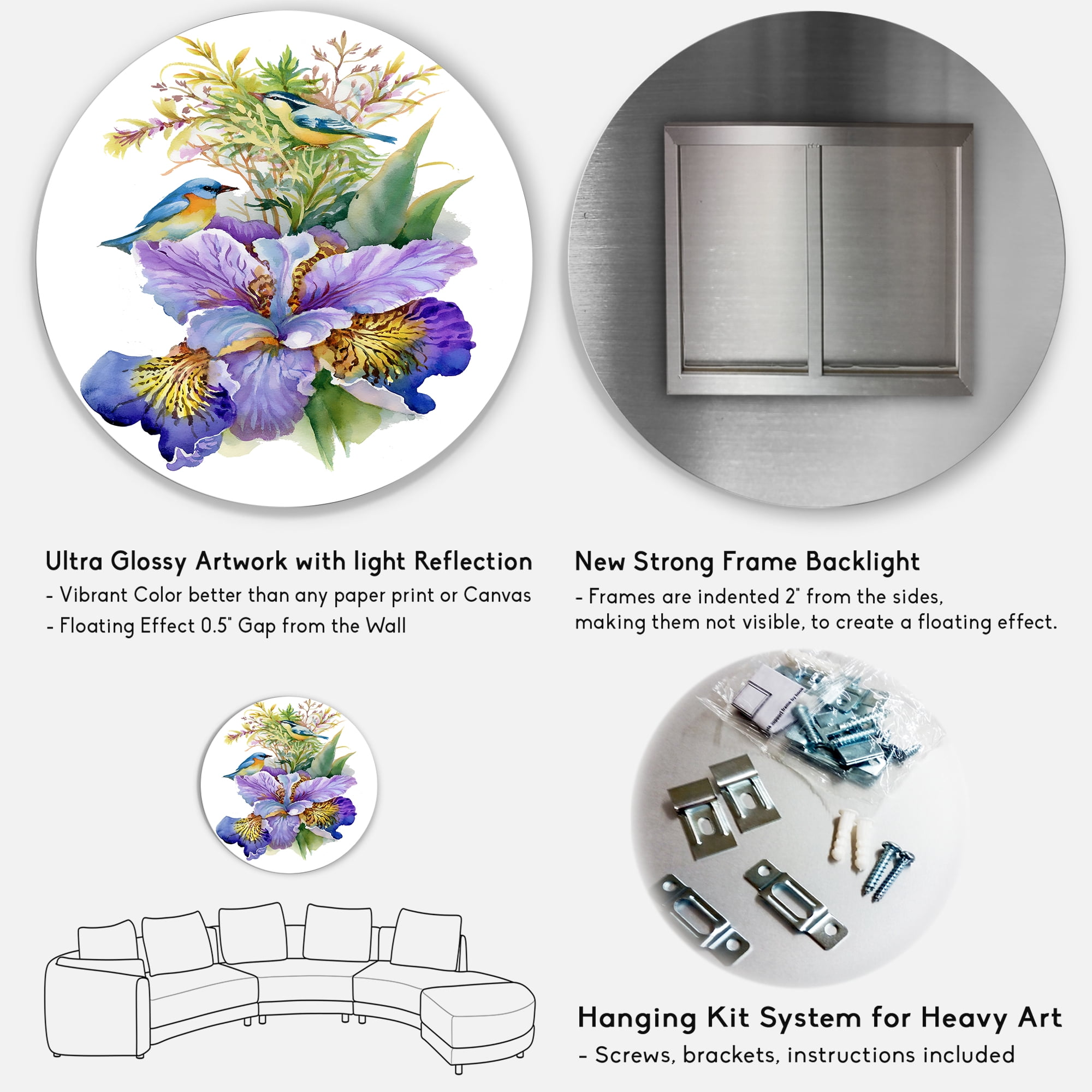 Designart 'Birds With Purple Iris' Traditional Circle Metal Wall Art 23x23 - Disc of 23