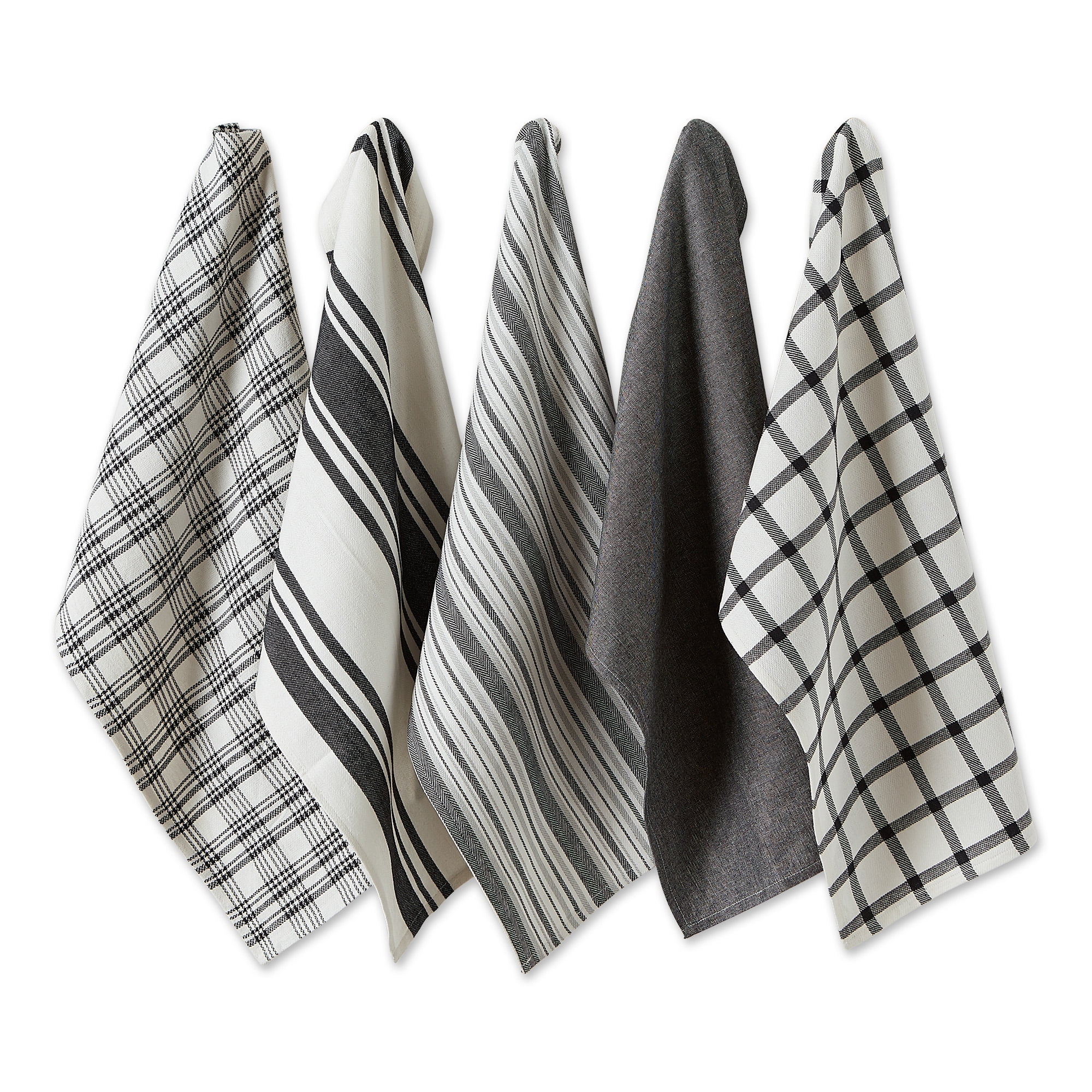 Set of 5 Assorted Black and White Woven Dish Towel, 28"