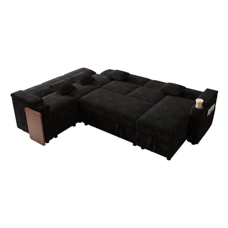 100"W L-Shaped Pull-Out Sofa Bed with USB Ports,Table Board,Cup Holder & Storage,7-Seat Corduroy Modular Sectional Sofa,Convertible Sleeper,Black
