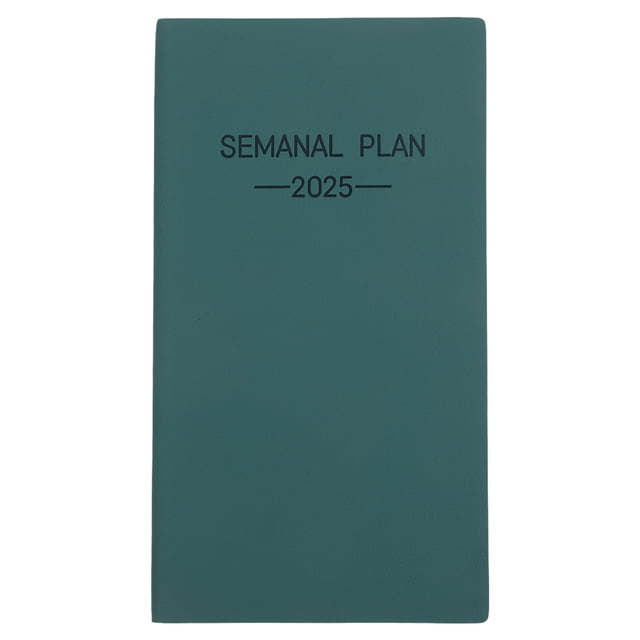 1 libro a6 planificador español shedulte de bolsillo portátil con vistas mensuales y semanales planificador semanal de bloc de notas profesional planner de notas profesionales verde A6 portada PU con texto "SEMANAL PLAN 2025" centrado, vista frontal vertical, cubierta lisa verde, 17.3x9.6x0.9 cm; interior con página de vista mensual por mes y páginas semanales en papel blanco grueso, adecuado para uso diario y como agenda de trabajo o viaje.