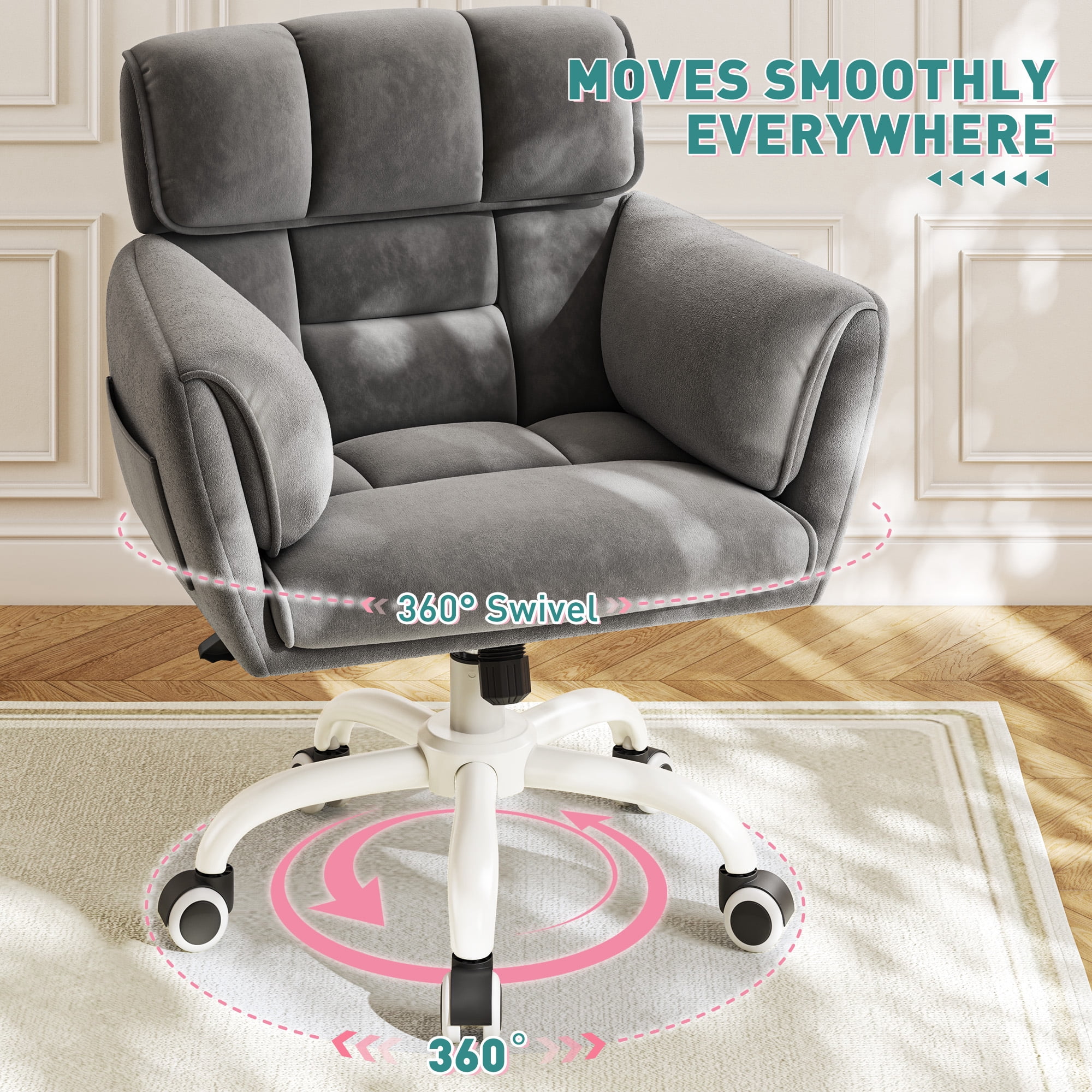 Romorgniz Adjustable Office Chair with Wheels, Soft-Touch Upholstered Desk Chair with Side Pockets, Ergonomic Vanity Chair for Bedroom, Home Office, Grey