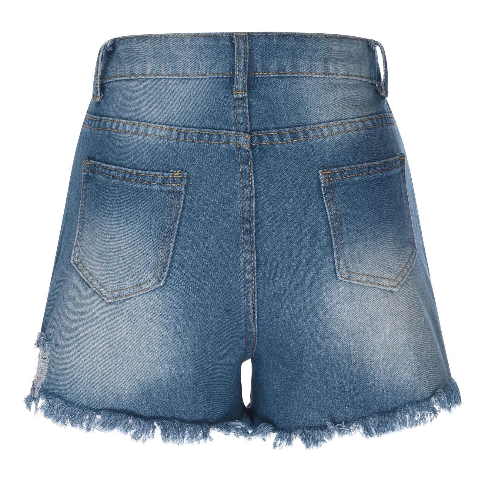 POTETI Jean Shorts for Women Mid Rise Denim Shorts for Women Plus Size Dark Blue Solid Stretchy Button Casual Distressed Ripped with Pockets Shorts