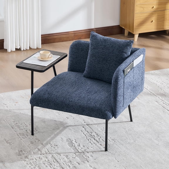 Upholstered Accent Lounge Chair with Small Table and Back Pillow, Modern Single Sofa Armchair with Metal Frame and Side Pockets, Navy Reading Seating for Bedroom Home Office