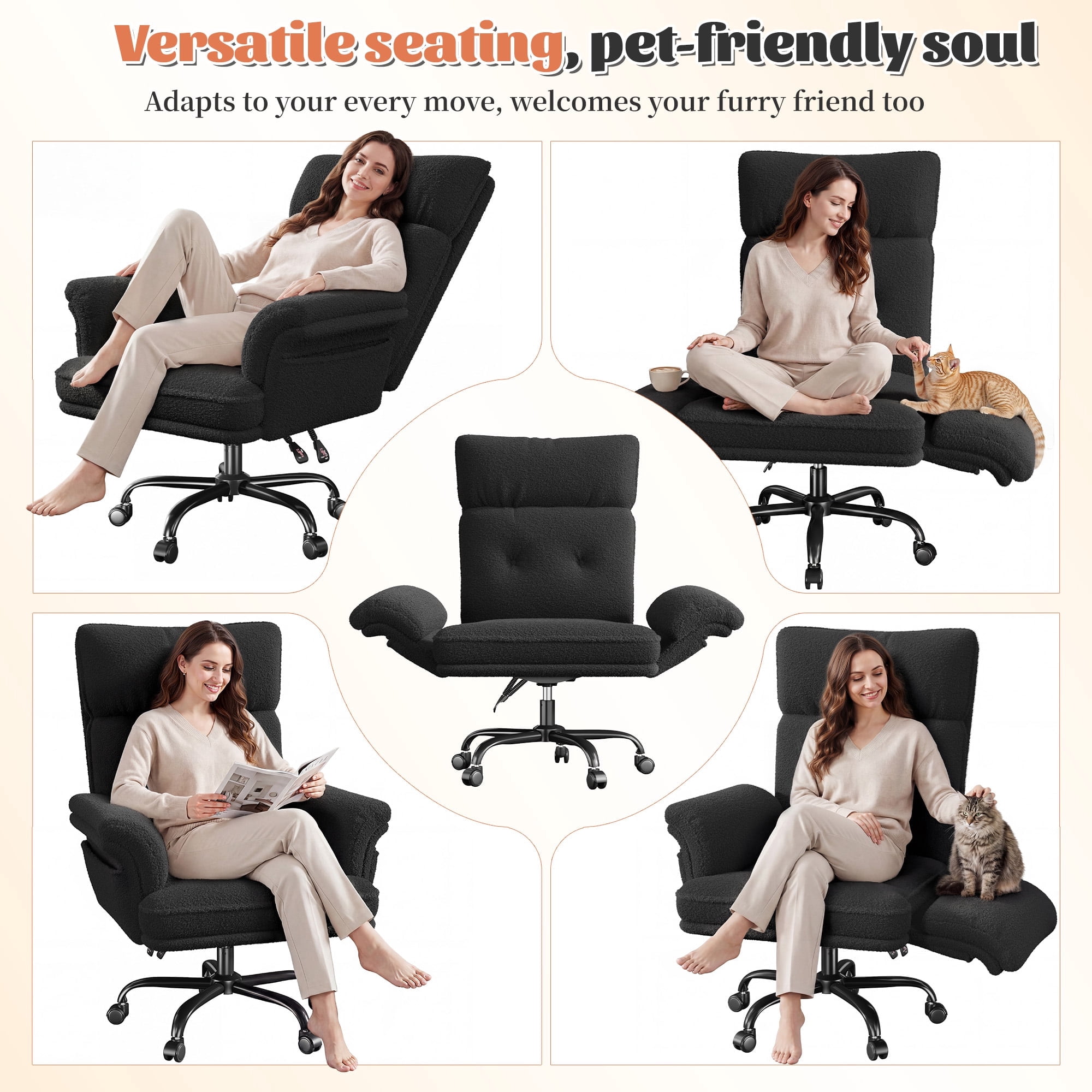 Romorgniz Criss Cross Chair with Armrests & Wheels Ergonomic Computer Gaming Chair with Two Side Pockets Teddy Plush Wide Seat Reclining Desk Chair for Home Office, Black