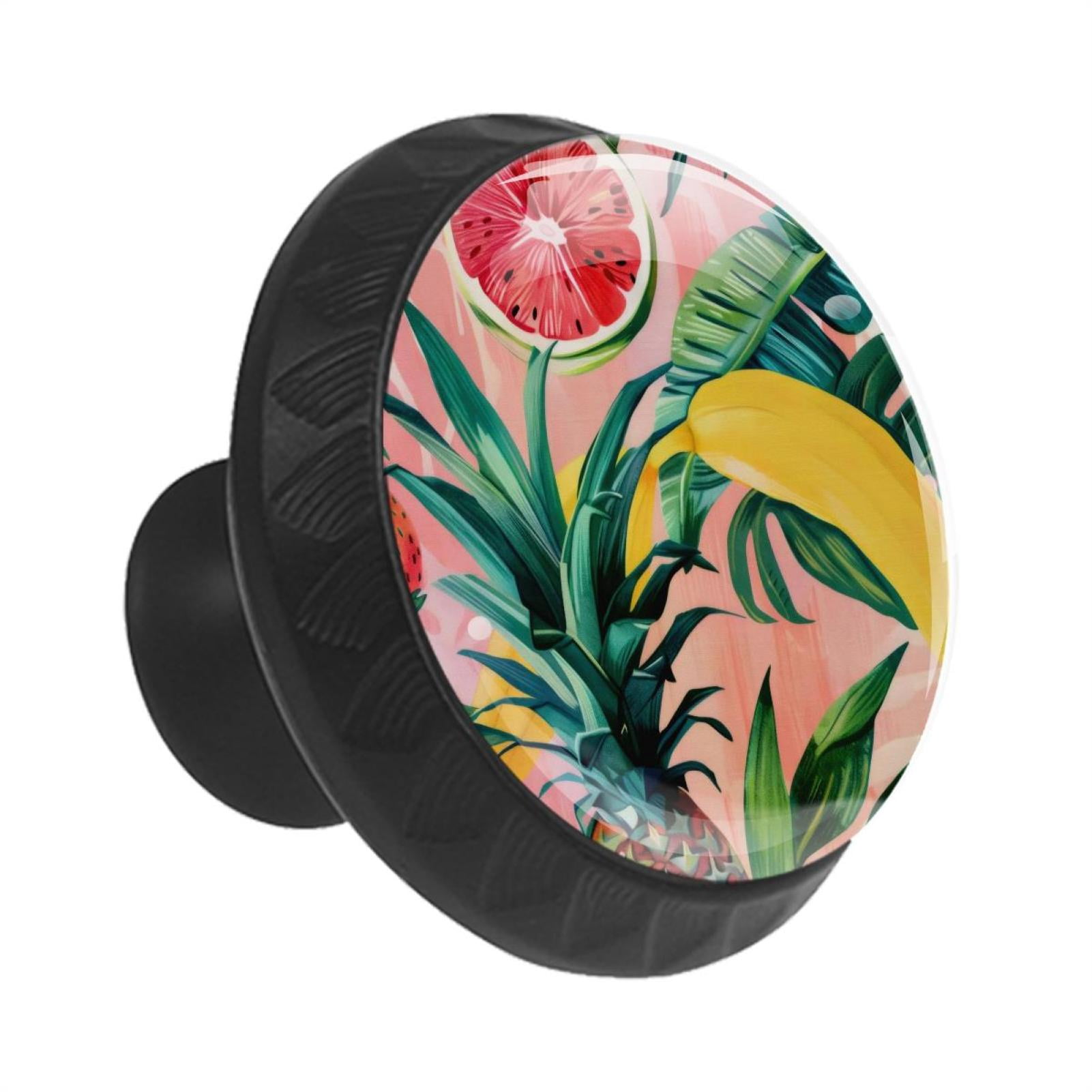 Tropical Fruits Pink Background 35MM Round Glass Cabinet Knobs, Kitchen Knobs for Drawer Dresser Cupboard Wardrobe Modern Pulls Handles Hardware, Set of 12