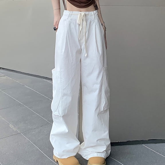 Womens Parachute Pants White Cargo Pants Casual Outdoor Hiking Loose Fitting Drawstring High Waist Trousers with Pockets Beach Pants for Women White XL