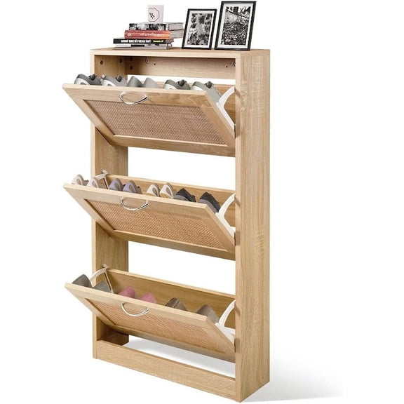 Coewske Slim 3 Tier Entryway Shoe Cabinet Narrow Wooden Storage Shoe Rack w/ 3 Flip Drawers