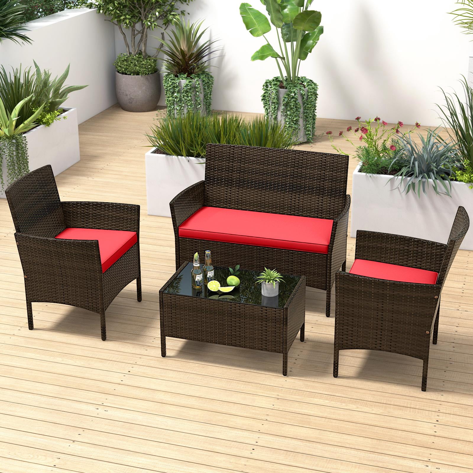 Costway 4PCS Rattan Patio Furniture Set Cushioned Sofa Chair Coffee Table Red
