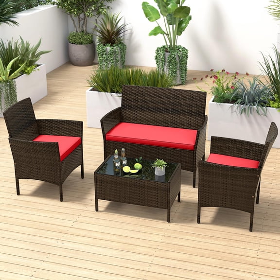 Costway 4PCS Rattan Patio Furniture Set Cushioned Sectional Sofa Chair Coffee Table Red