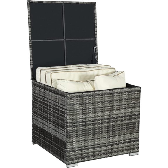 FHFO Outdoor Wicker Storage Box,88 Gallon Rattan Deck Box, Aluminum Frame Storage Bin for Cushion Pillows, Towels, Garden Tools, Toys, Brown,Grey
