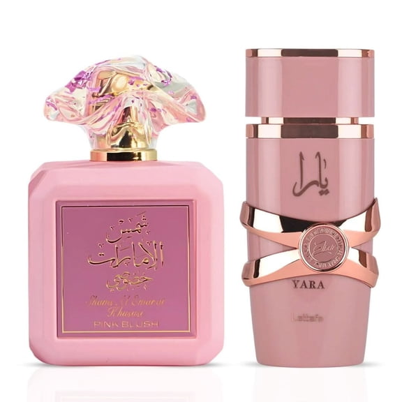Pink Blush Shams Al Emarat Khususi by Ard Al Zaafaran & Yara Elixir by Lattafa Eau de Parfum Spray 100ml (3.4 oz) (Bundle)