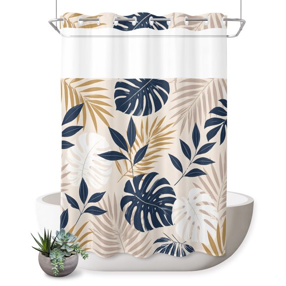 No Hook Shower Curtain, Tropical Leaves Shower Curtains for Bathroom with See Through Top Window, Summer Farmhouse Botanical Leaf Branches Waterproof & Washable Bath Curtain Extra Long 72"x84"
