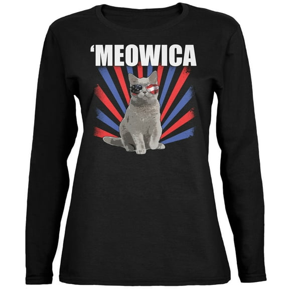 4th of July Meowica Black Womens Long Sleeve T-Shirt - Large