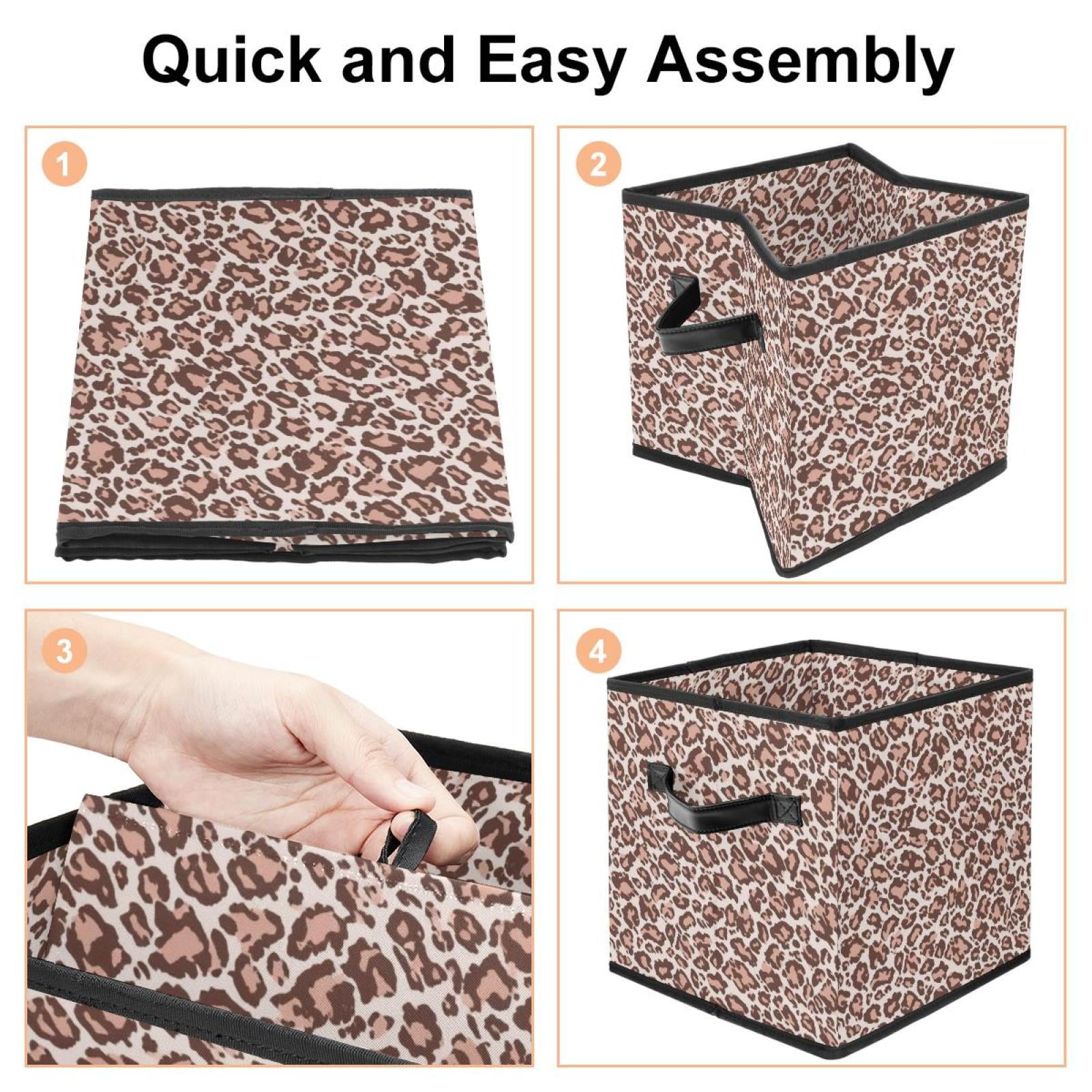 RATGDN Collapsible Fabric Cube Storage Bin with Double Handles for Living Room Bedroom Office Black - Light Pink Leopard Print
