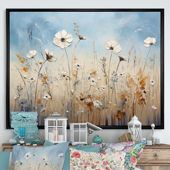 Designart "Wonderland Of Minimalist Wildflowers III" Meadow Floater Framed Wall Art Living Room