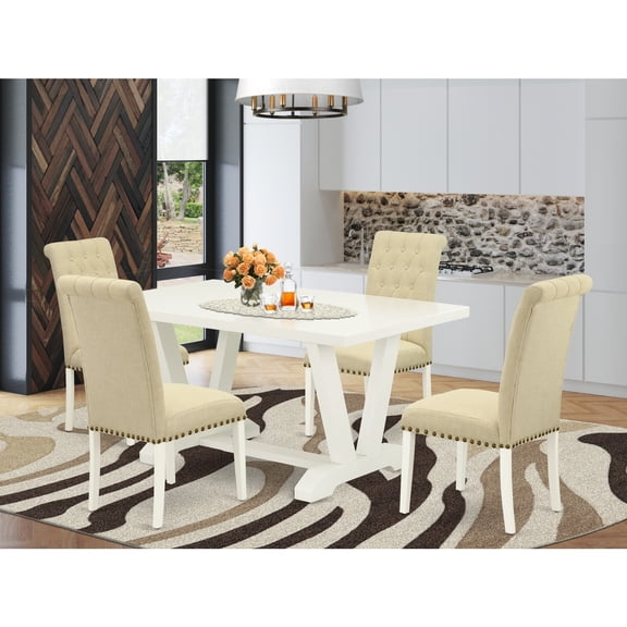 5-Piece Dining Table Set with 4 Parsons Chairs - Rectangular Kitchen Table with Linen White Finish